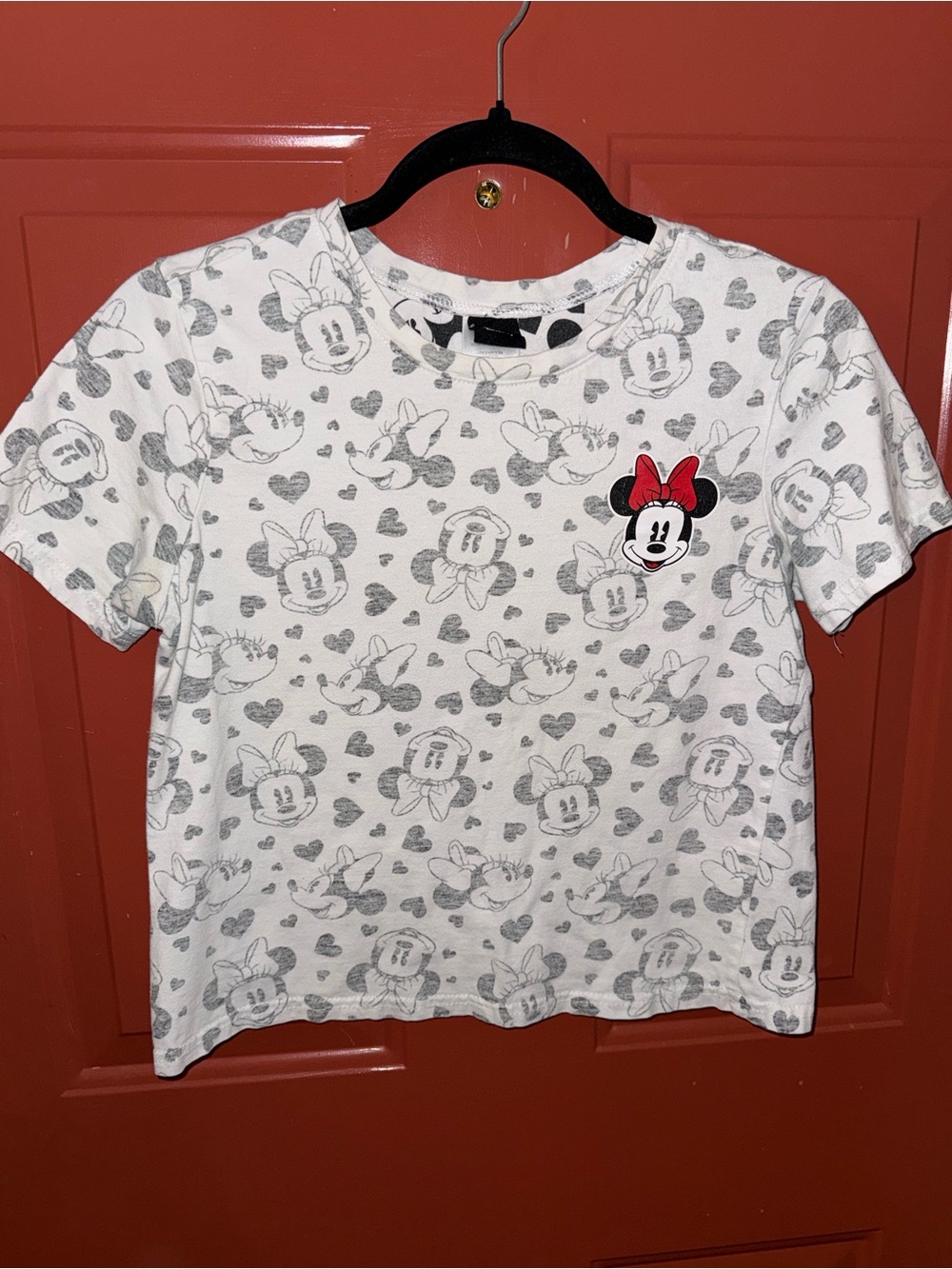 (M) Womens Minnie Mouse Short Sleeve Tee - White with Gray Pattern and Red Bow